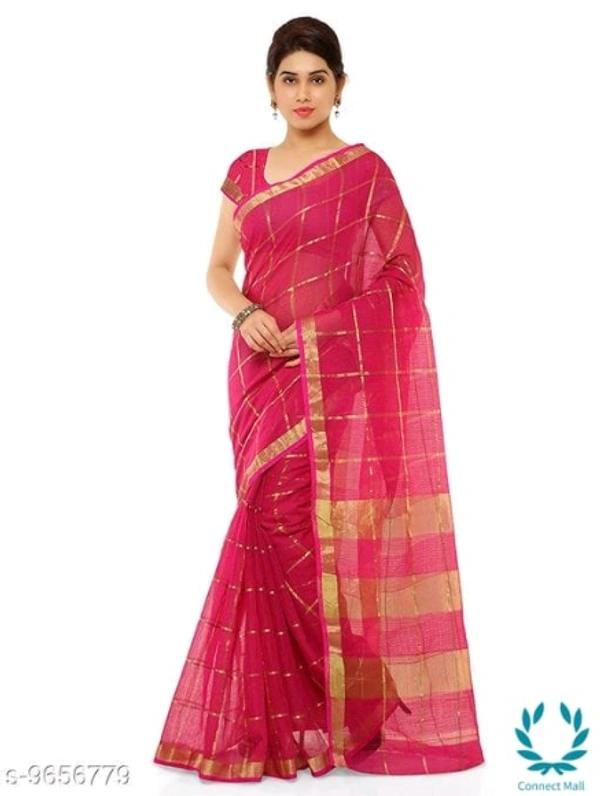 Kota Doria Cotton Zari Stripes Checks saree with Unstitched Blouse piece - Saree Length Size:5.5m Blouse Length Size:0.8m, Pink, Saree And blouse Fabric: Cotton Blend, Striped , Pack of :1